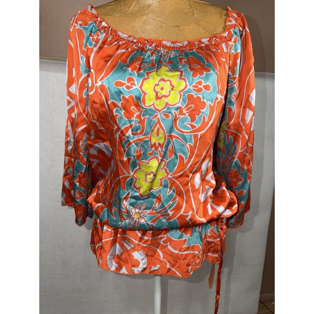 Hale Bob 100% Silk Floral Tropical On/Off Shoulder Cinch Waist Blouse Medium NWT - Picture 3 of 9